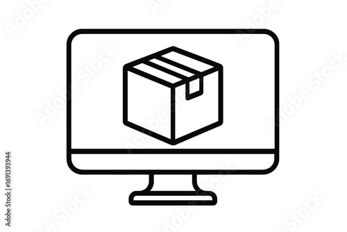 Online shopping icon with parcel on computer screen. E-commerce express delivery concept. Package tracking, shipping service, order fulfillment vector for web design.