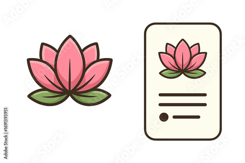 Elegant lotus flower logo design with business card template, vector cartoon illustration, pink petals with green leaves, floral branding icon, transparent background, beauty and wellness concept