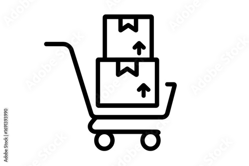 Delivery cart with boxes icon. Shipping package symbol. Logistics, cargo, and freight transportation concept. E-commerce order fulfillment. Moving supplies. Parcel service vector.