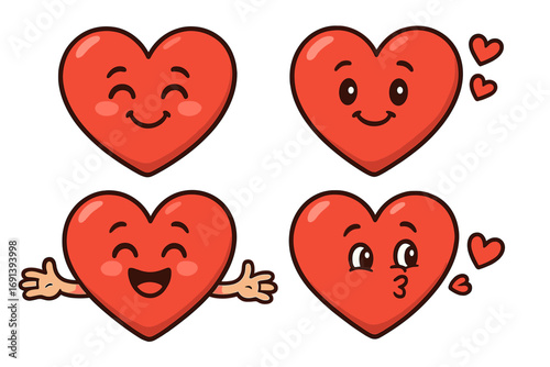 Cute happy heart shapes with smiling faces, joyful Valentine’s Day cartoon vector illustration set, adorable red hearts with expressions, love symbols with transparent background