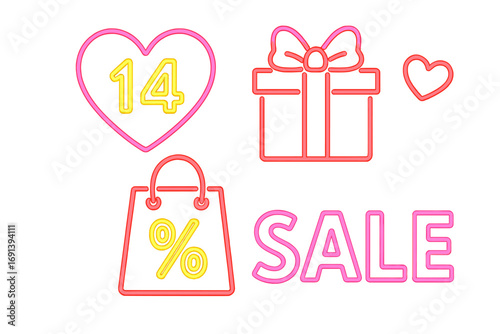 Valentine's Day sale vector icon set. Neon light effect. February 14 love promotion. Shopping bag, gift box, heart, percent sign. Special offer, discount concept design.