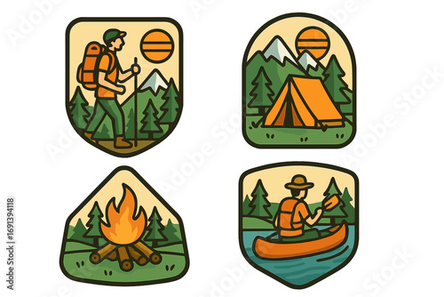 Outdoor adventure badge collection. Camping, hiking, and canoeing vector icon set. Mountain explorer patch design for stickers. Nature trip cartoon illustration bundle.