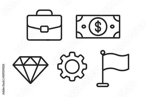 Business and finance outline icon set. Minimal line pictograms collection for web and apps. Briefcase, money, value, process, and goal symbols. Vector graphic elements.