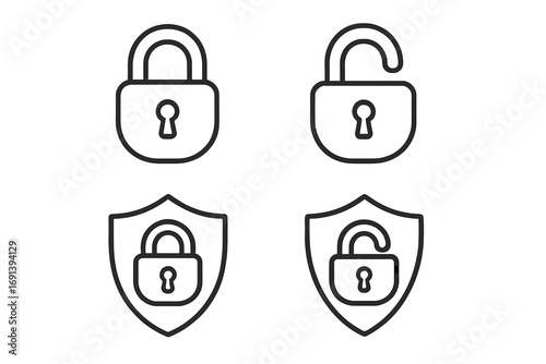 Security lock and shield line icon set. Open and closed padlock for safety and protection. Privacy and access control concept. Vector icons for cybersecurity and data defense.