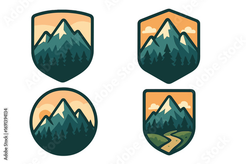 Outdoor adventure badge set. Mountain forest landscape logo collection for hiking and tourism. Vector illustration of retro vintage stickers, labels and emblems for nature.