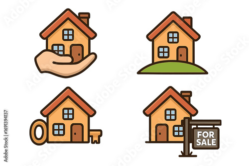 Real estate icon set. Home buying, selling and ownership concepts. Cartoon vector illustration for property market, mortgage, investment, realtor business. House for sale.