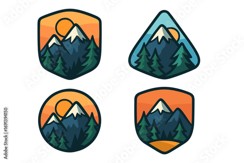 Set of outdoor adventure logo badges. Mountain travel emblems collection. Vector cartoon illustration for hiking, camping, and wilderness exploration. Nature landscape patch design.