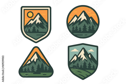 Set of outdoor adventure vector badges. Mountain landscape emblems for camping and hiking. Retro travel logo illustrations with forest, sun, and peaks. Nature exploration icons.