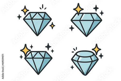 Shining diamond stones logo design vector, cartoon style sparkling gemstone icons set, transparent background, luxury jewels, crystal brilliance, precious gems illustration