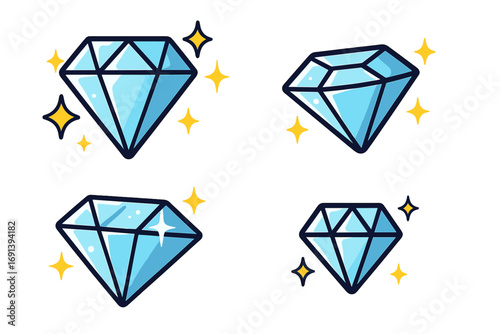 Shining diamond stones logo design set. Vector cartoon illustration of sparkling blue gemstones with reflections and glitter. Bright jewels with transparent background
