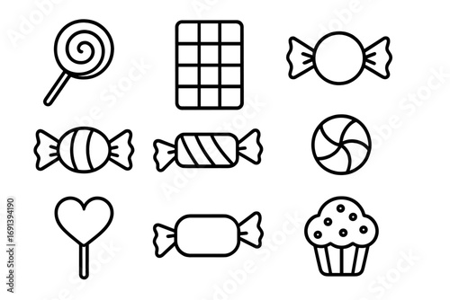 Candy line icon collection. Sweets, desserts, sugar food vector icons. Simple outline set with lollipop, chocolate, cupcake, bonbon. Confectionery symbols. Editable stroke.