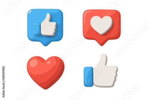3D social media icons set with like thumbs up and love heart symbols. Vector cartoon illustration with transparent background. Popular digital interaction buttons for social networks