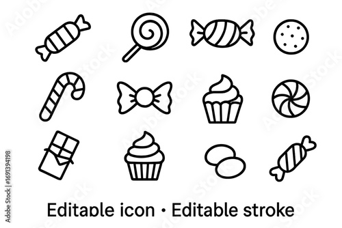 Candy line icon collection. Sweets and desserts outline symbols. Editable stroke. Set includes lollipop, cupcake, chocolate bar, cookie. Confectionery vector signs.