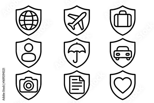 Insurance icon set. Protection shield concept. Car, travel, life, health, luggage, property. Line art collection for web design. Vector outline graphic illustration.