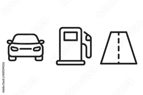 Car, gas station, road outline icon set. Modern simple line art symbols for transport, travel, driving, and fuel concepts. Minimalist vector icons for web and app design.