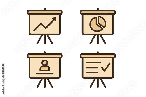 Presentation board icon set for business reports and marketing data analysis. Flip chart with growth graph, pie chart, user profile, and checklist for infographics. Vector.