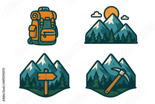 Mountain hiking icon set. Outdoor adventure and camping emblem collection. Vector cartoon illustration of backpack, peak, forest, signpost, pickaxe for travel and exploration.