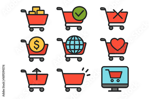 Shopping cart vector icon set. E-commerce and online shopping symbols. Add to cart, checkout, wishlist, remove item, purchase. Web icons for app and ui ux graphic design.