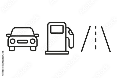 Car, gas station, and road icon set. Transport and travel concepts. Outline vector icons for automobile, fuel pump, highway, and journey. Simple linear pictogram collection.