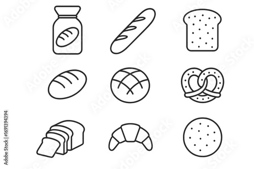 Bread thin line icon set. Bakery outline pictograms. Loaf, baguette, toast, croissant, pretzel, bun, pastry food symbols. Editable stroke vector for menu, app, web.