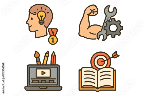 Skill development icon set. Personal growth, knowledge and abilities concept. Education, training, and success symbols. Vector illustration of creative, technical and academic goals.