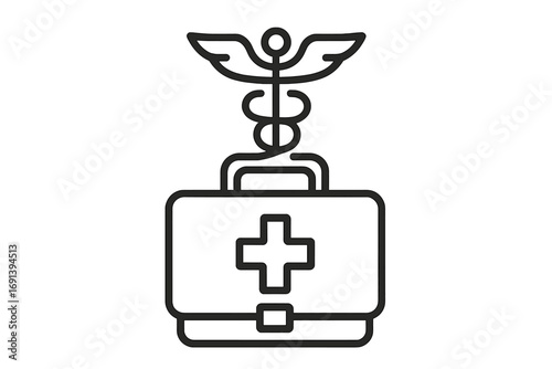 Medical briefcase with caduceus symbol. Healthcare icon, first aid kit case with cross. Medical staff and health care vector illustration for web, apps, banners, and cards design.