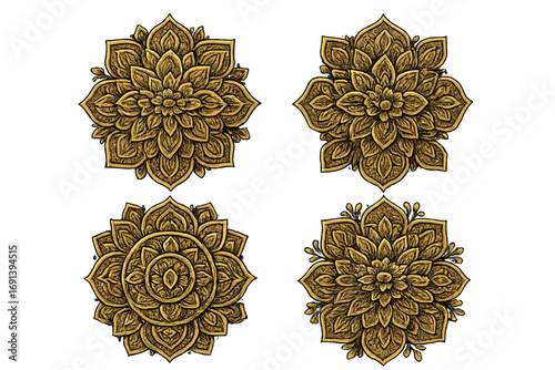 Golden mandala set vector illustration. Ornate Indian floral patterns for yoga and meditation. Spiritual decorative elements. Ethnic gold flower design collection. Sacred geometry.