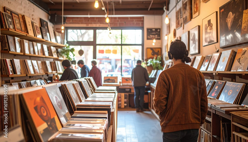 Record store vinyl record music shop people headphones browsing indoor shelves warm light casual clothing