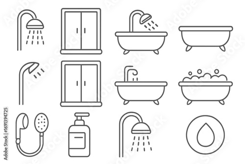 Shower and bathtub icons bundle, related bathroom line symbols, outline signs for graphic design, web apps, adverts, hygiene, personal care, bathroom accessories, vector illustration