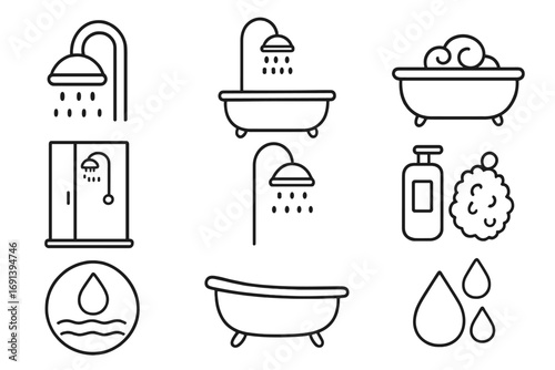 Shower and Bathtub Bundle of Related Line Icons, Bathroom Outline Signs for Graphic Design, Web, Apps, Adverts, Hygiene Concepts, Water Drops, Soap, Bubbles, Bathing Set