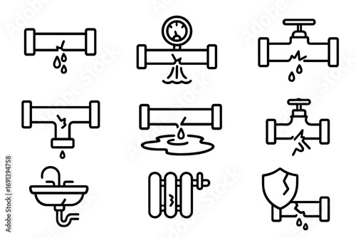 Broken pipes line icon set. Plumbing problems, water leak and burst pipe concepts. Damaged pipeline, dripping faucet, leaking radiator and pressure gauge vector icons.
