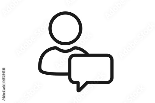 User icon with speech bubble for chat, message, or comment. Person avatar symbol for communication, customer support, feedback, review, and testimonials. Outline vector for web, app, UI.