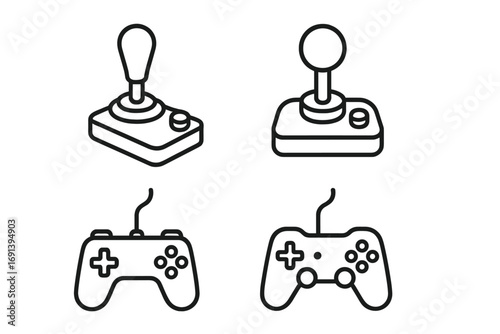 Video game controller and retro joystick line icon set. Gaming console gamepad and classic arcade stick pictogram collection. Editable stroke vector symbol for web, app design.