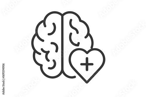 Minimalistic linear icon of brain with heart and plus symbol, mental health concept, psychology symbol, wellness, medical care, health awareness, therapy, healthcare design, vector cartoon graphic