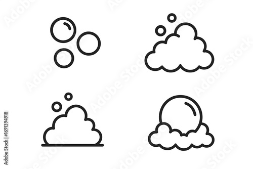 Bubble and foam linear icon set. Simple soap suds, water fizz, and effervescent bubbles vector illustration. Clean and wash concept symbols for graphic design. Isolated.