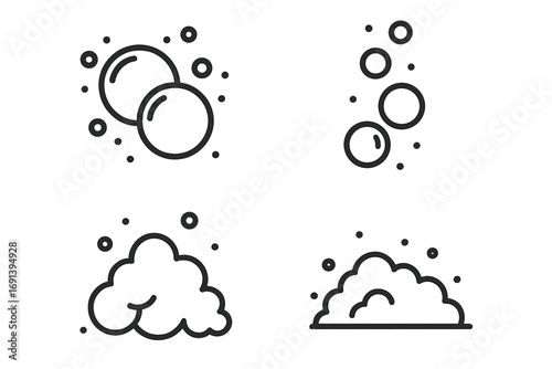 Bubble and foam linear icon set. Soap suds, lather, and fizzy pop symbols. Vector illustration for cleaning, washing, shampoo, and carbonated drinks. Simple outline design.