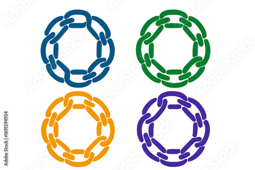 Set of four abstract circle chain logos. Vector cartoon illustration of interlocking links. Concept of connection, teamwork, partnership, and security. Endless loop symbol.