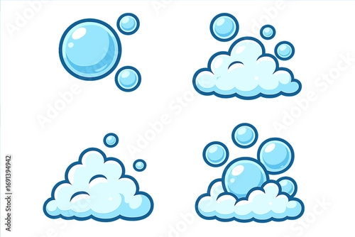 Bubble and foam cartoon icon set. Soap suds and bath lather vector illustration. Clean water and washing concept. Hygiene and freshness graphic. Fizzy drink or soda pop.