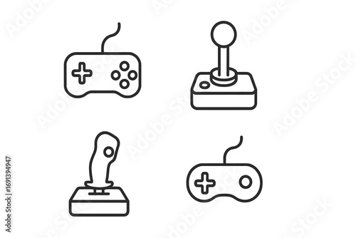 Video game controller and joystick line icon collection. Minimalist gamer pictograms with editable stroke. Vector symbols for console, arcade, esports, and mobile gaming.