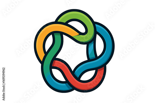 Colorful abstract knot logo with five interconnected loops. Symbol of unity, teamwork, and community. Continuous flow concept for business network or technology partnership. Vector.