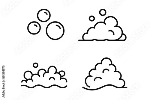 Soap bubble and foam outline icon set. Vector collection of suds, lather, and fizzy pop symbols. Simple line art for cleaning, washing, and carbonated drink concepts.