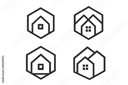 Set of modern house logos. Real estate icon collection in minimalist line art style. Geometric home symbol with hexagon shape for property or construction business branding.