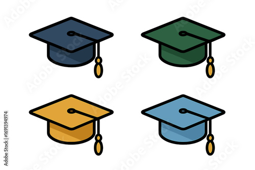 Square academic cap icon set colorful filled design, graduation hats collection, minimalistic linear pictograms, education symbols for web, apps, banners, social media, cards, vector cartoon style