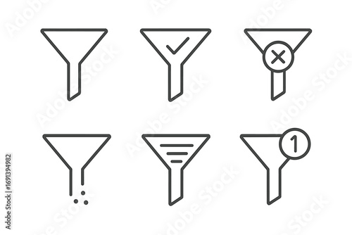 Filter funnel outline icon collection. Thin line vector symbols for web and app interface design. Data sorting, selection, analysis, and sales funnel optimization concept.
