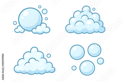 Soap bubble foam cartoon icon set. Clean wash lather suds vector illustration. Water, bath, hygiene, cleaning concept. Cute comic clipart for kids design. Blue bubbly texture.