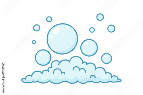 Cartoon soap bubbles and foam vector illustration. Blue suds for washing and cleaning concept. Hygiene and bath time graphic element. Isolated sparkling water lather clipart.