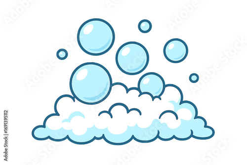 Cartoon soap foam with bubbles. Blue soapy water suds vector illustration. Concept of washing, cleanliness, and laundry. Fizzy air bubbles for bath or cleaning design.