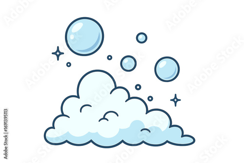 Vector illustration of soap foam and bubbles. Cartoon suds for cleaning and bathing. Hygiene and freshness concept. Sparkling clean water lather for laundry or personal care.