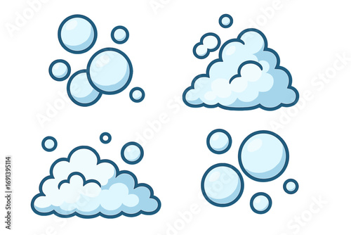 Bubble and foam vector icon set for cleaning and hygiene concepts. Cartoon soap suds, lather, and fizz illustration for advertisements, posts, and interface design.