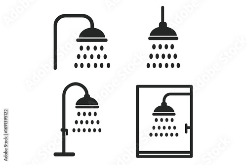 Shower icon set vector collection. Bathroom hygiene and cleaning symbols. Simple flat pictograms for web and print. Water drop and bath illustration. Shower head and cabin signs.
